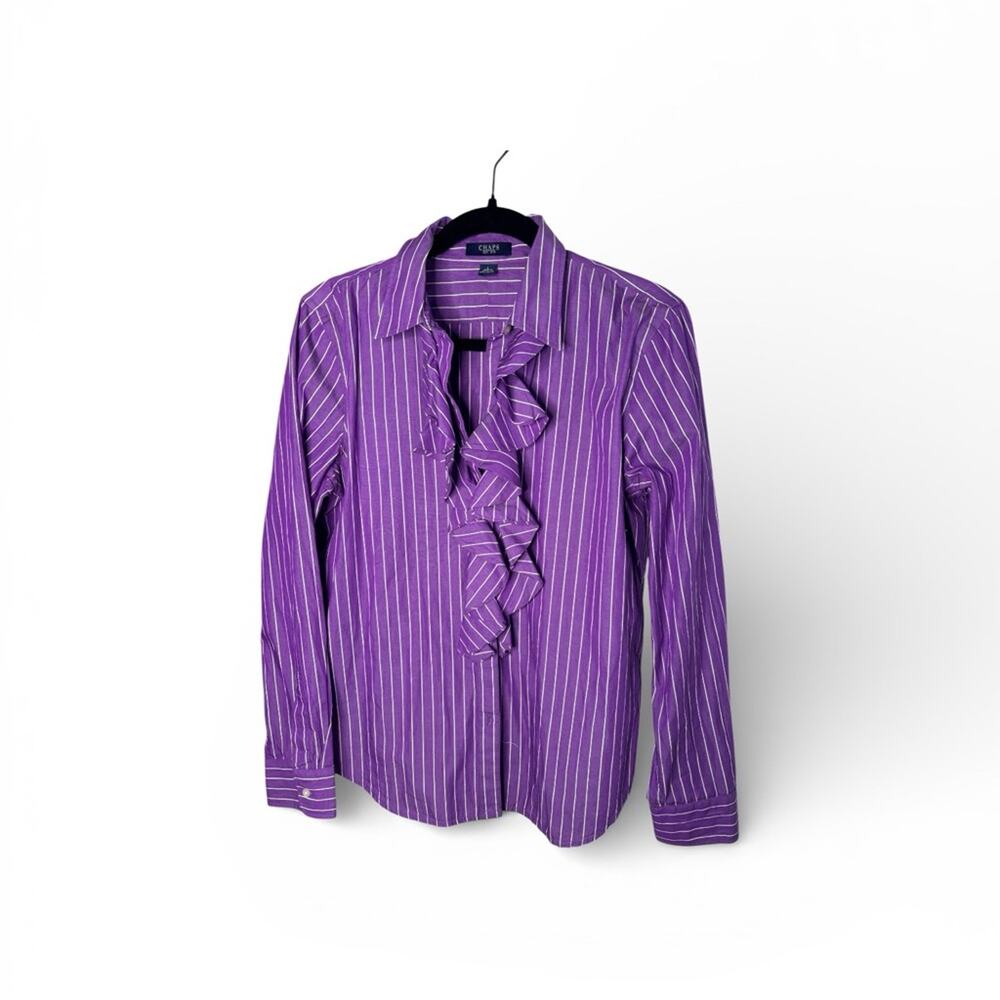 Chaps Purple White Striped Ruffle Front Blouse L